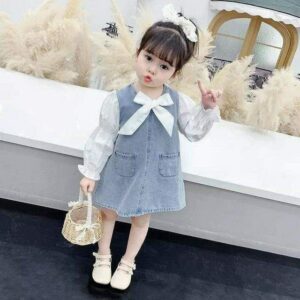 Cute Denim Bow Dress for Baby Girls